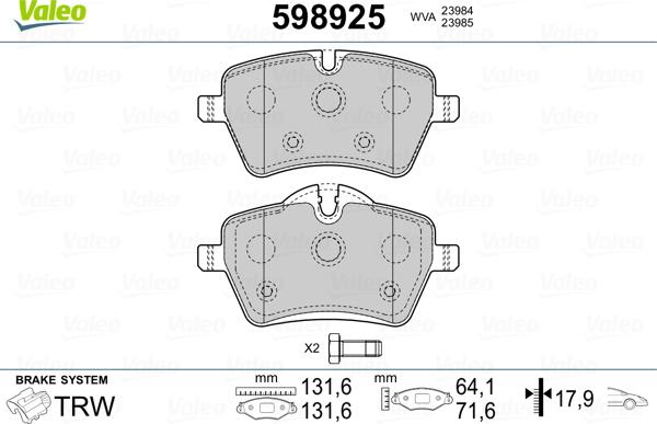 Valeo 598925 - Kit de plaquettes de frein, frein à disque cwaw.fr