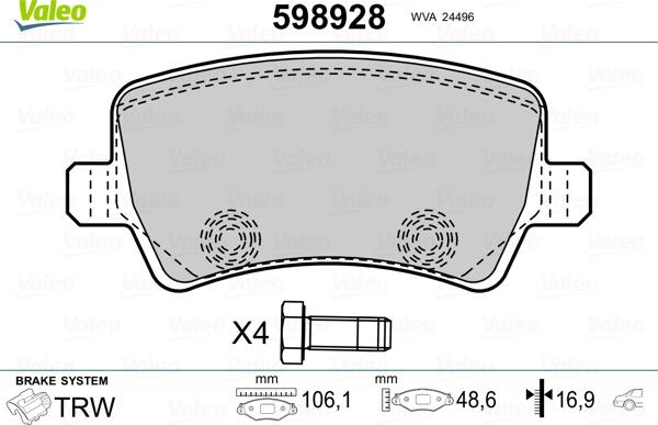 Valeo 598928 - Kit de plaquettes de frein, frein à disque cwaw.fr