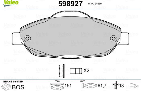 Valeo 598927 - Kit de plaquettes de frein, frein à disque cwaw.fr