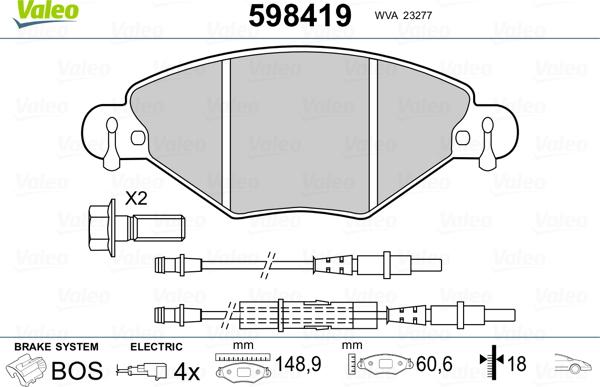 Valeo 598419 - Kit de plaquettes de frein, frein à disque cwaw.fr