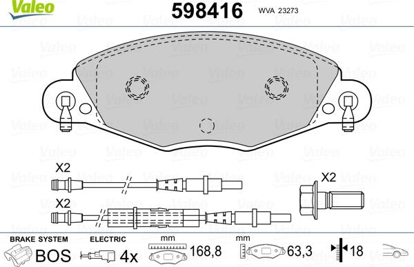 Valeo 598416 - Kit de plaquettes de frein, frein à disque cwaw.fr