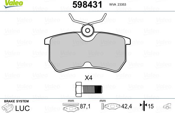 Valeo 598431 - Kit de plaquettes de frein, frein à disque cwaw.fr