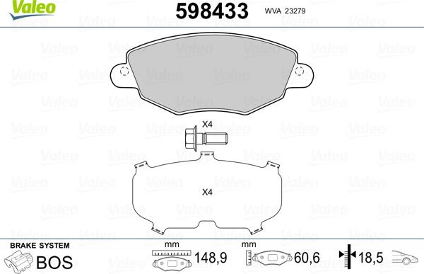 Valeo 598433 - Kit de plaquettes de frein, frein à disque cwaw.fr