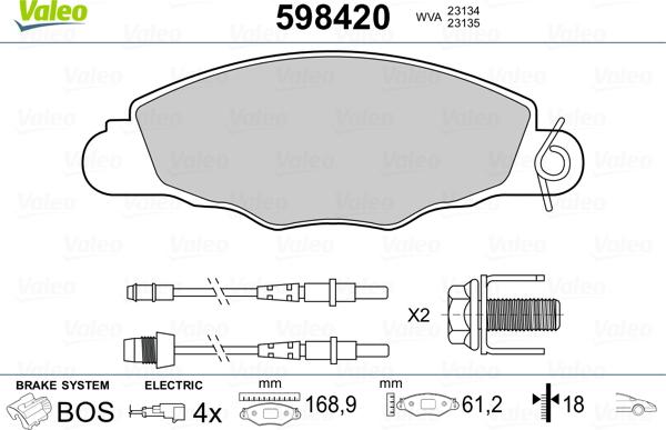 Valeo 598420 - Kit de plaquettes de frein, frein à disque cwaw.fr