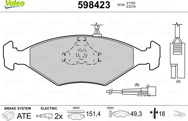 Valeo 598423 - Kit de plaquettes de frein, frein à disque cwaw.fr