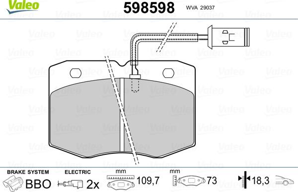 Valeo 598598 - Kit de plaquettes de frein, frein à disque cwaw.fr