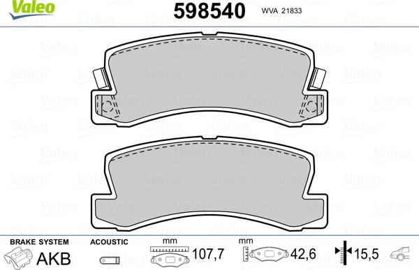 Valeo 598540 - Kit de plaquettes de frein, frein à disque cwaw.fr