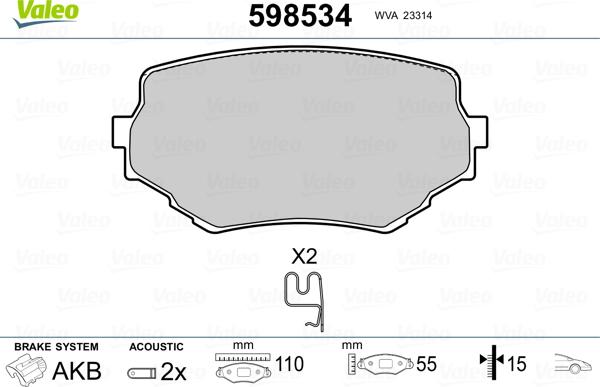 Valeo 598534 - Kit de plaquettes de frein, frein à disque cwaw.fr