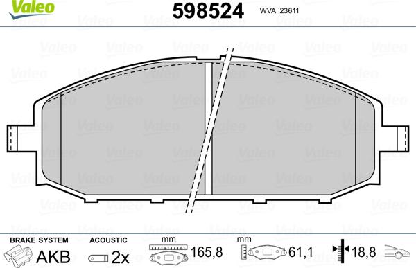 Valeo 598524 - Kit de plaquettes de frein, frein à disque cwaw.fr