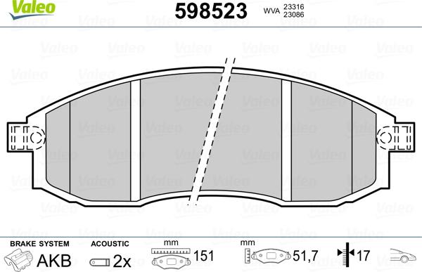 Valeo 598523 - Kit de plaquettes de frein, frein à disque cwaw.fr