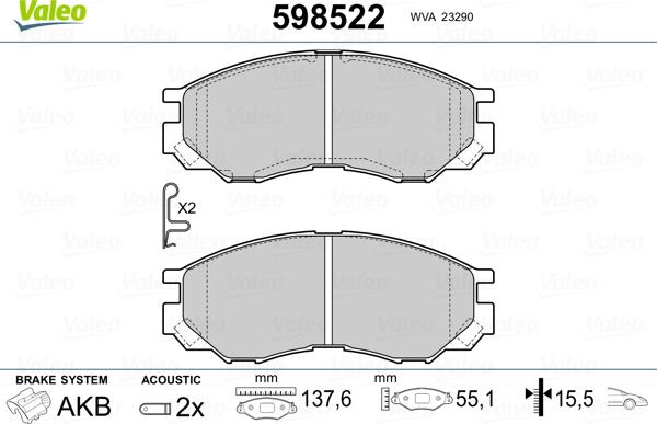 Valeo 598522 - Kit de plaquettes de frein, frein à disque cwaw.fr