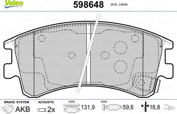 Valeo 598648 - Kit de plaquettes de frein, frein à disque cwaw.fr