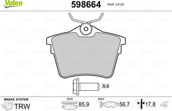 Valeo 598664 - Kit de plaquettes de frein, frein à disque cwaw.fr