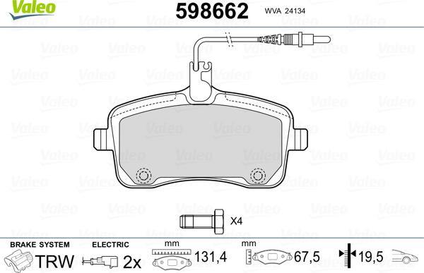 Valeo 598662 - Kit de plaquettes de frein, frein à disque cwaw.fr