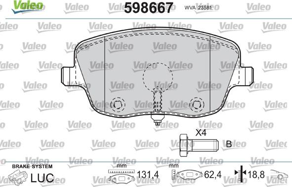 Valeo 598667 - Kit de plaquettes de frein, frein à disque cwaw.fr