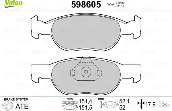 Valeo 598605 - Kit de plaquettes de frein, frein à disque cwaw.fr