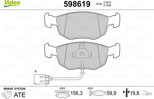 Valeo 598619 - Kit de plaquettes de frein, frein à disque cwaw.fr