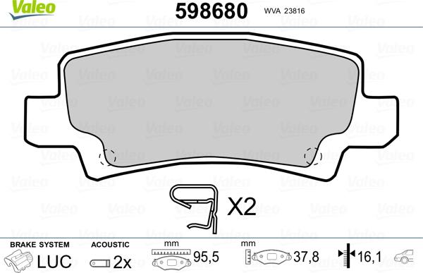 Valeo 598680 - Kit de plaquettes de frein, frein à disque cwaw.fr