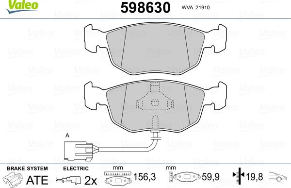 Valeo 598630 - Kit de plaquettes de frein, frein à disque cwaw.fr