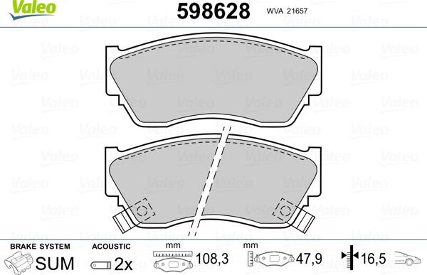 Valeo 598628 - Kit de plaquettes de frein, frein à disque cwaw.fr