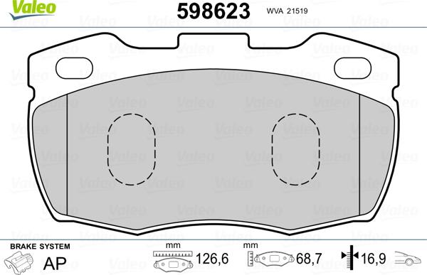 Valeo 598623 - Kit de plaquettes de frein, frein à disque cwaw.fr