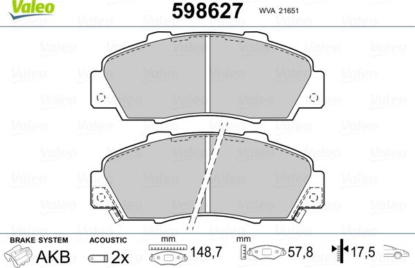 Valeo 598627 - Kit de plaquettes de frein, frein à disque cwaw.fr