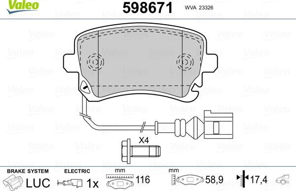 Valeo 598671 - Kit de plaquettes de frein, frein à disque cwaw.fr