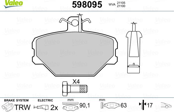 Valeo 598095 - Kit de plaquettes de frein, frein à disque cwaw.fr