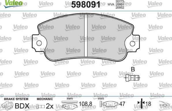 Valeo 598091 - Kit de plaquettes de frein, frein à disque cwaw.fr