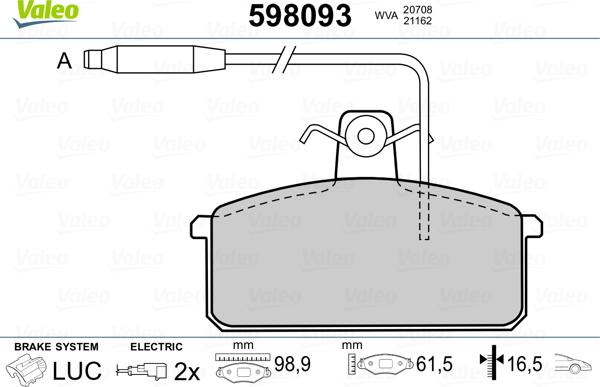 Valeo 598093 - Kit de plaquettes de frein, frein à disque cwaw.fr