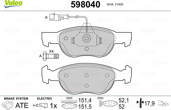 Valeo 598040 - Kit de plaquettes de frein, frein à disque cwaw.fr