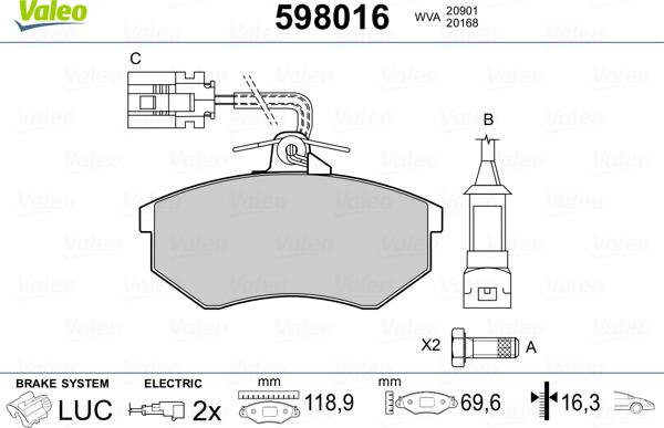 Valeo 598016 - Kit de plaquettes de frein, frein à disque cwaw.fr