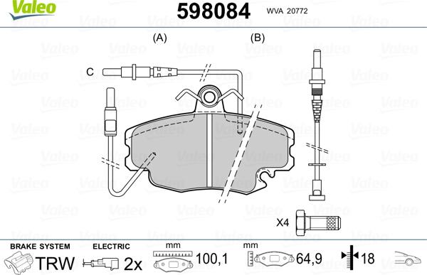 Valeo 598084 - Kit de plaquettes de frein, frein à disque cwaw.fr