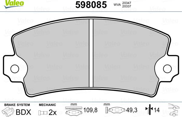 Valeo 598085 - Kit de plaquettes de frein, frein à disque cwaw.fr