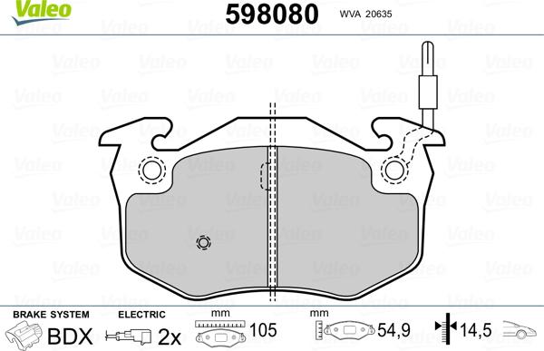 Valeo 598080 - Kit de plaquettes de frein, frein à disque cwaw.fr