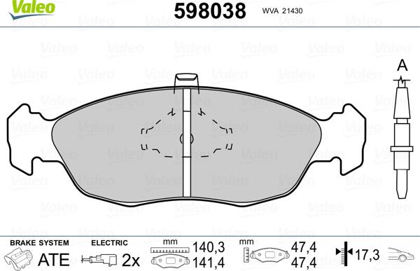 Valeo 598038 - Kit de plaquettes de frein, frein à disque cwaw.fr