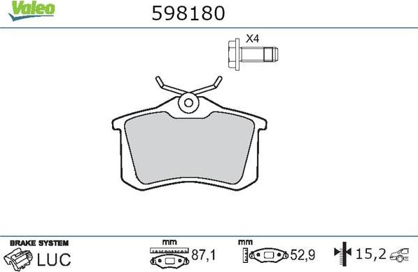 Valeo 598180 - Kit de plaquettes de frein, frein à disque cwaw.fr