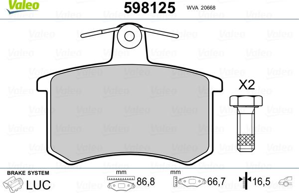 Valeo 598125 - Kit de plaquettes de frein, frein à disque cwaw.fr