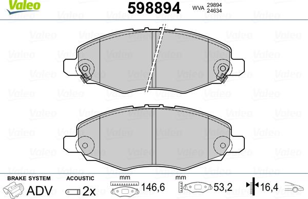 Valeo 598894 - Kit de plaquettes de frein, frein à disque cwaw.fr