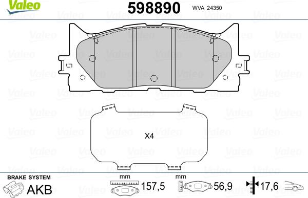 Valeo 598890 - Kit de plaquettes de frein, frein à disque cwaw.fr