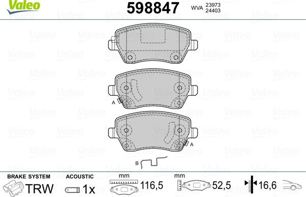 Valeo 598847 - Kit de plaquettes de frein, frein à disque cwaw.fr