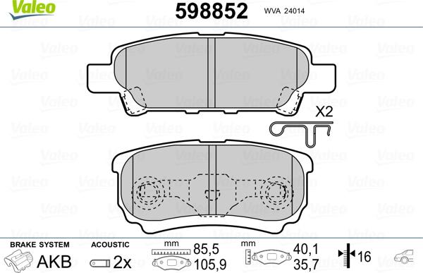 Valeo 598852 - Kit de plaquettes de frein, frein à disque cwaw.fr