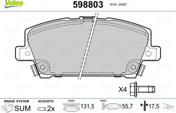 Valeo 598803 - Kit de plaquettes de frein, frein à disque cwaw.fr