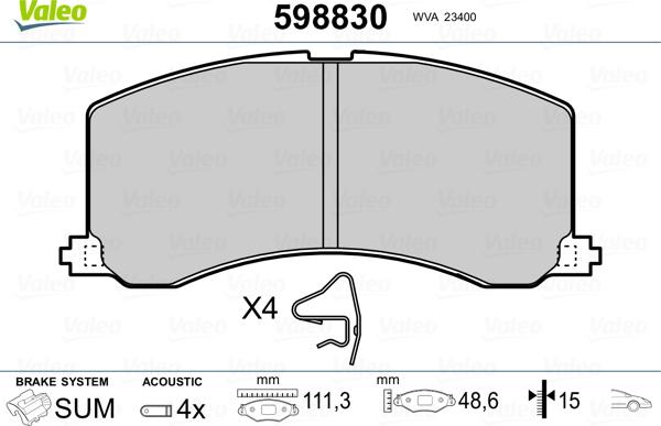 Valeo 598830 - Kit de plaquettes de frein, frein à disque cwaw.fr