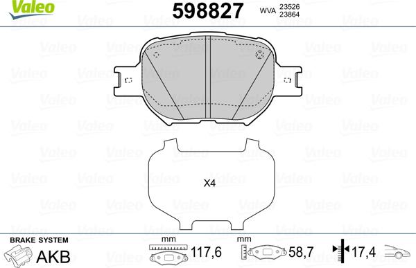 Valeo 598827 - Kit de plaquettes de frein, frein à disque cwaw.fr