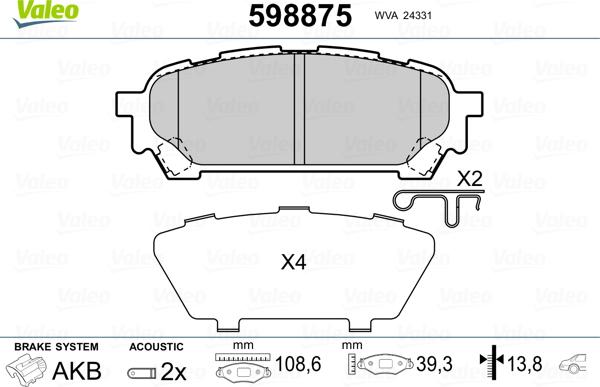 Valeo 598875 - Kit de plaquettes de frein, frein à disque cwaw.fr