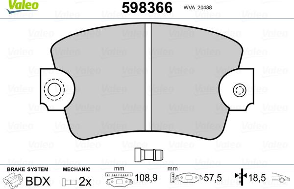 Valeo 598366 - Kit de plaquettes de frein, frein à disque cwaw.fr