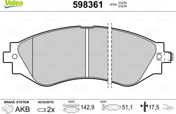 Valeo 598361 - Kit de plaquettes de frein, frein à disque cwaw.fr