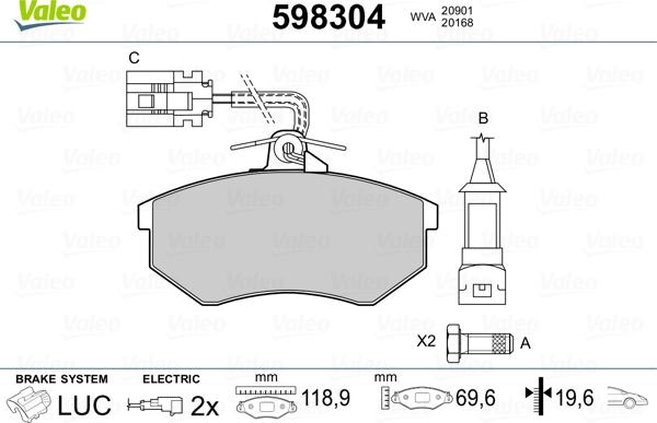 Valeo 598304 - Kit de plaquettes de frein, frein à disque cwaw.fr