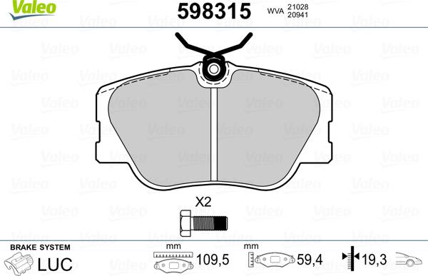 Valeo 598315 - Kit de plaquettes de frein, frein à disque cwaw.fr